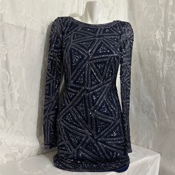 Aidan Mottox Navy Bejewelled Rayon Boatneck Dress - Picture 7 of 10